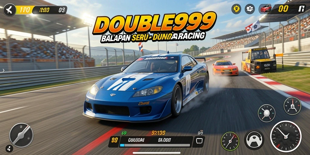 Gameplay seru di DOUBLE999 dengan mobil balap dan lintasan menarik.
