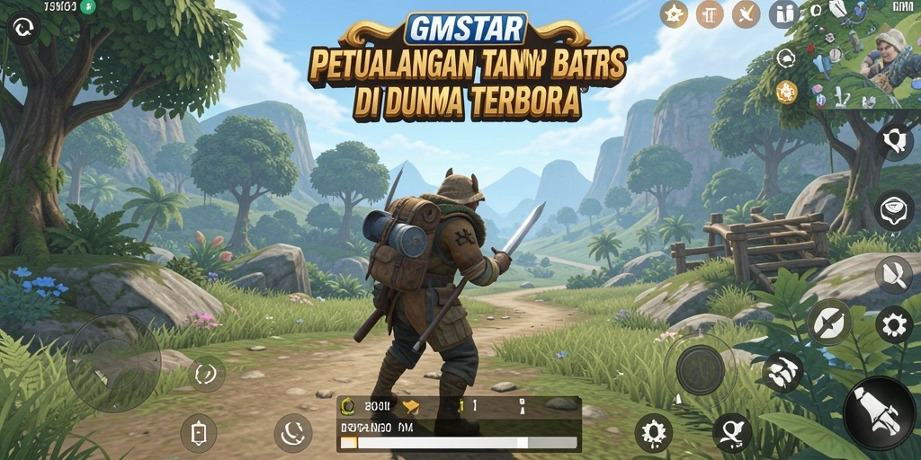 Tangkapan layar utama GMSTAR menampilkan eksplorasi di dunia terbuka yang kaya.