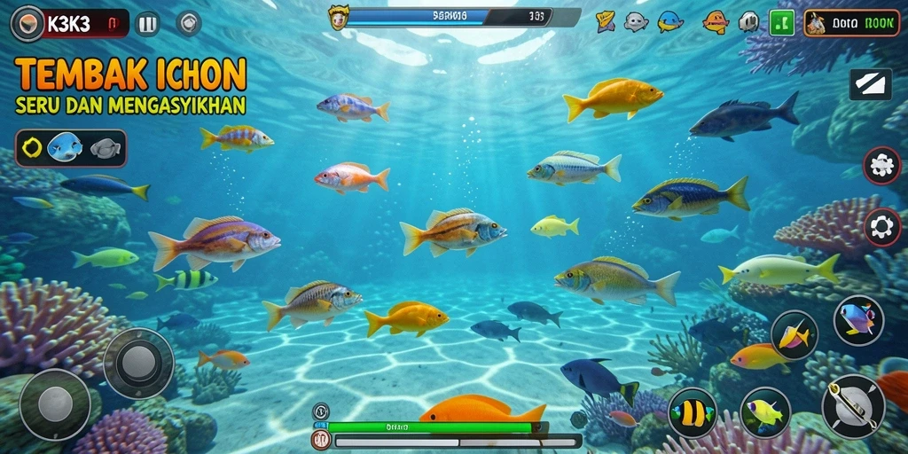 Tampilan gameplay K3K3 saat menangkap ikan di lautan.