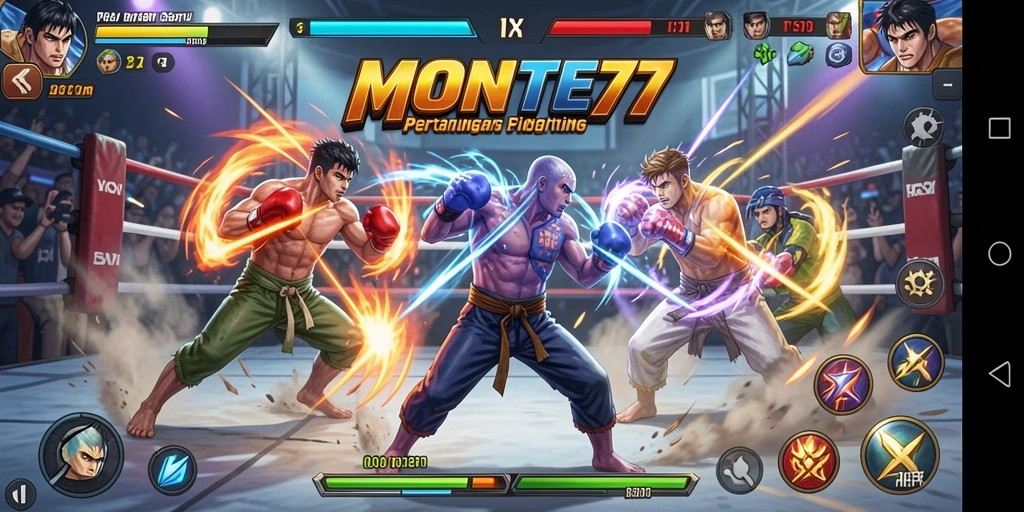Screenshot gameplay seru MONTE77 menampilkan karakter bertarung.