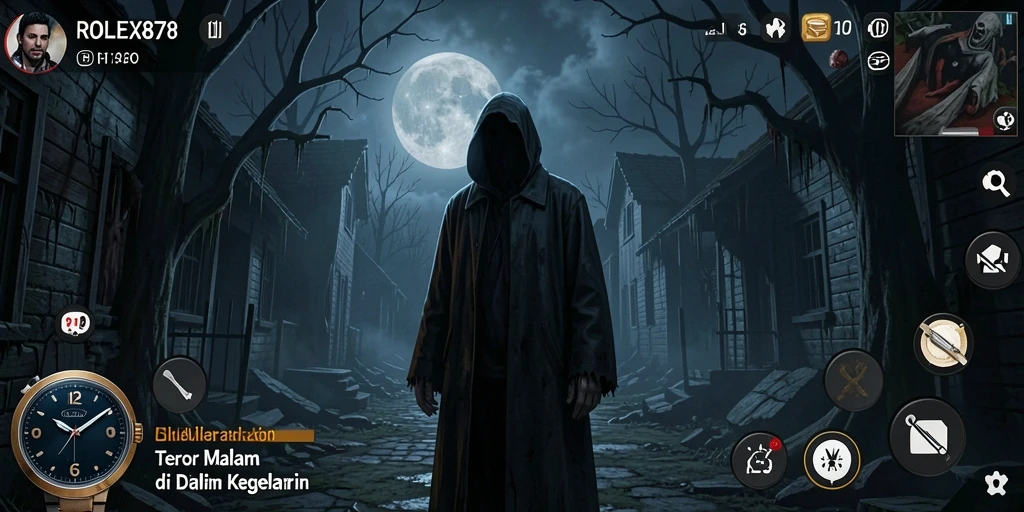 Tangkapan layar menunjukkan suasana gelap dan menakutkan dalam gameplay ROLEX878.