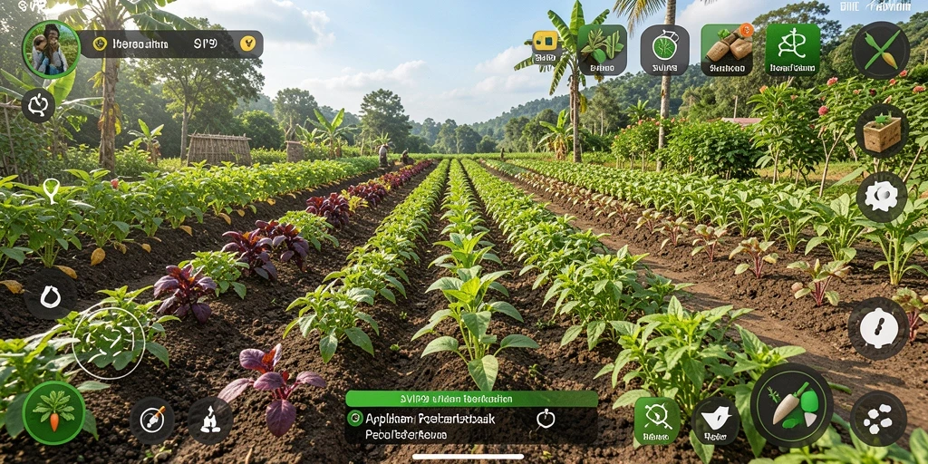 Screenshot gameplay SVIP9 menampilkan kebun yang indah dan aktivitas bercocok tanam.